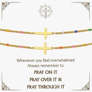 Gold Cross Bracelet Set for Women Dainty 14k Gold Plated Christian Prayer Jewelr